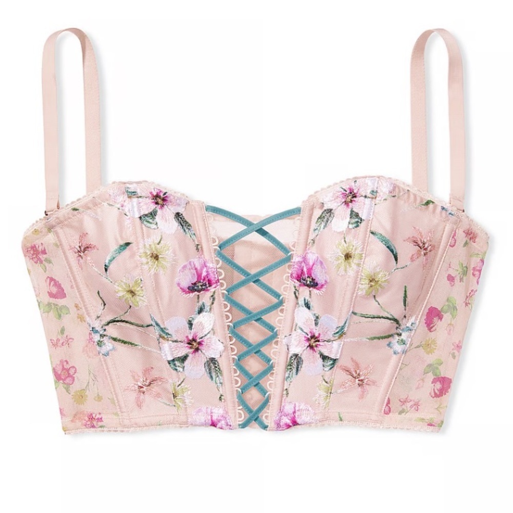 Victoria's Secret Floral Lace-Up Crop Top - Pink and Blue
